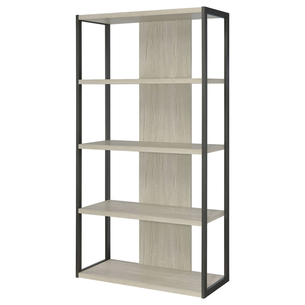 Whitewashed grey 4-shelf bookshelf angled view with dark metal frame and open shelves
