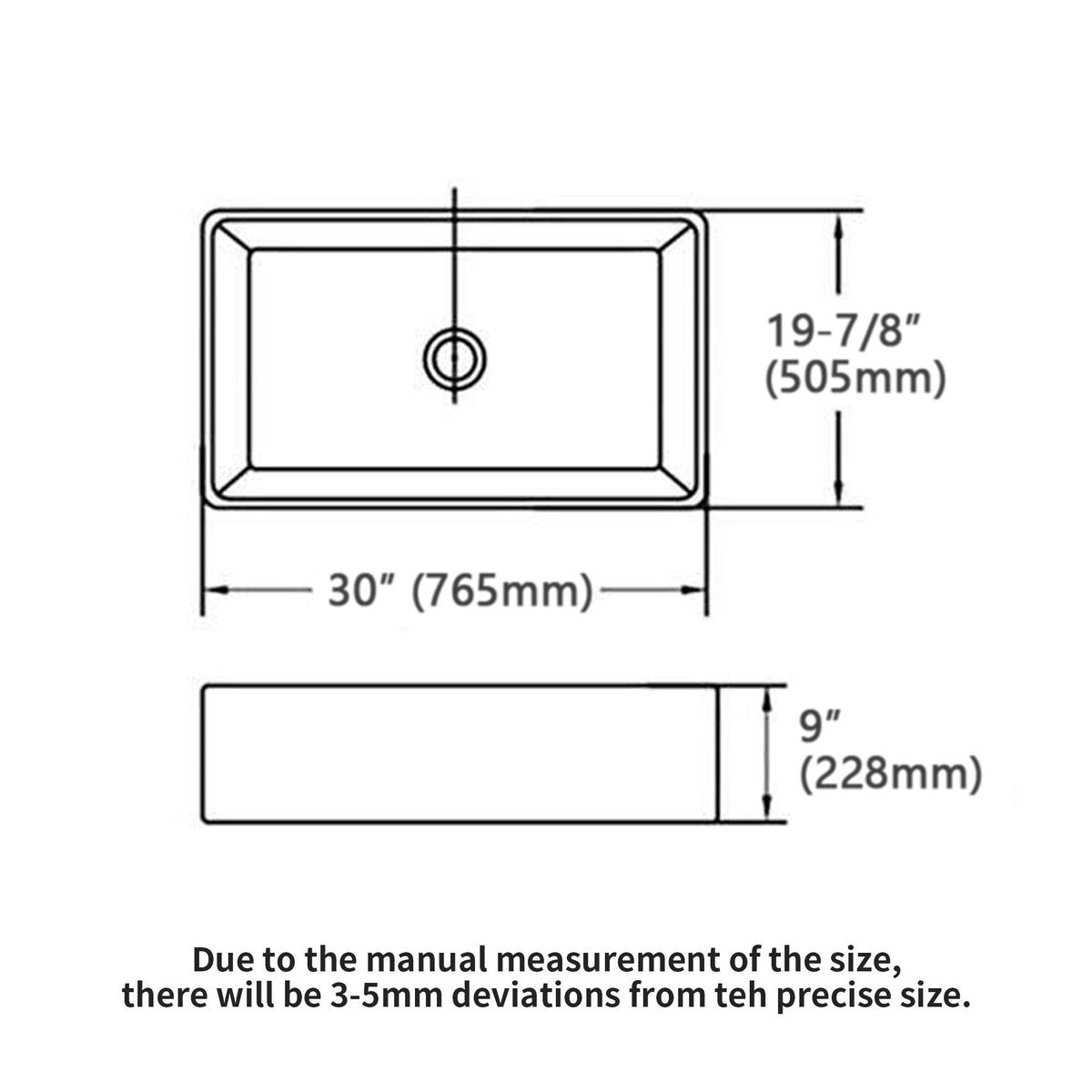 Ceramic single-bowl apron-front kitchen sink diagram, 30in width and 9in depth