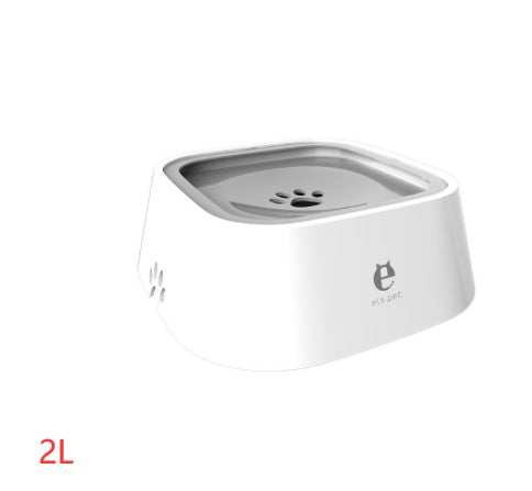 White floating pet water bowl with paw-print insert and overflow control