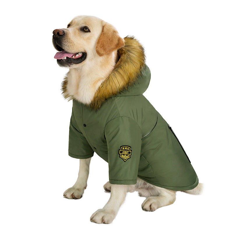 Green dog puffer jacket with faux fur hood and front logo patch