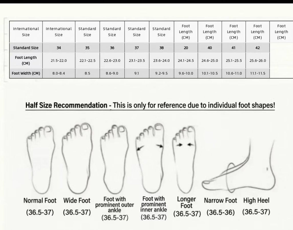 Shoe size chart for women's loafers with foot length and width measurements.