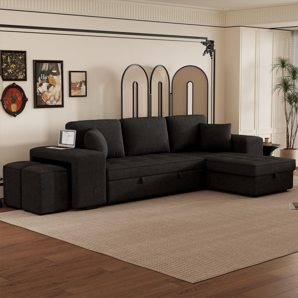 Convertible L-shape sectional sleeper sofa with storage chaise, dark gray upholstery, includes 2 stools