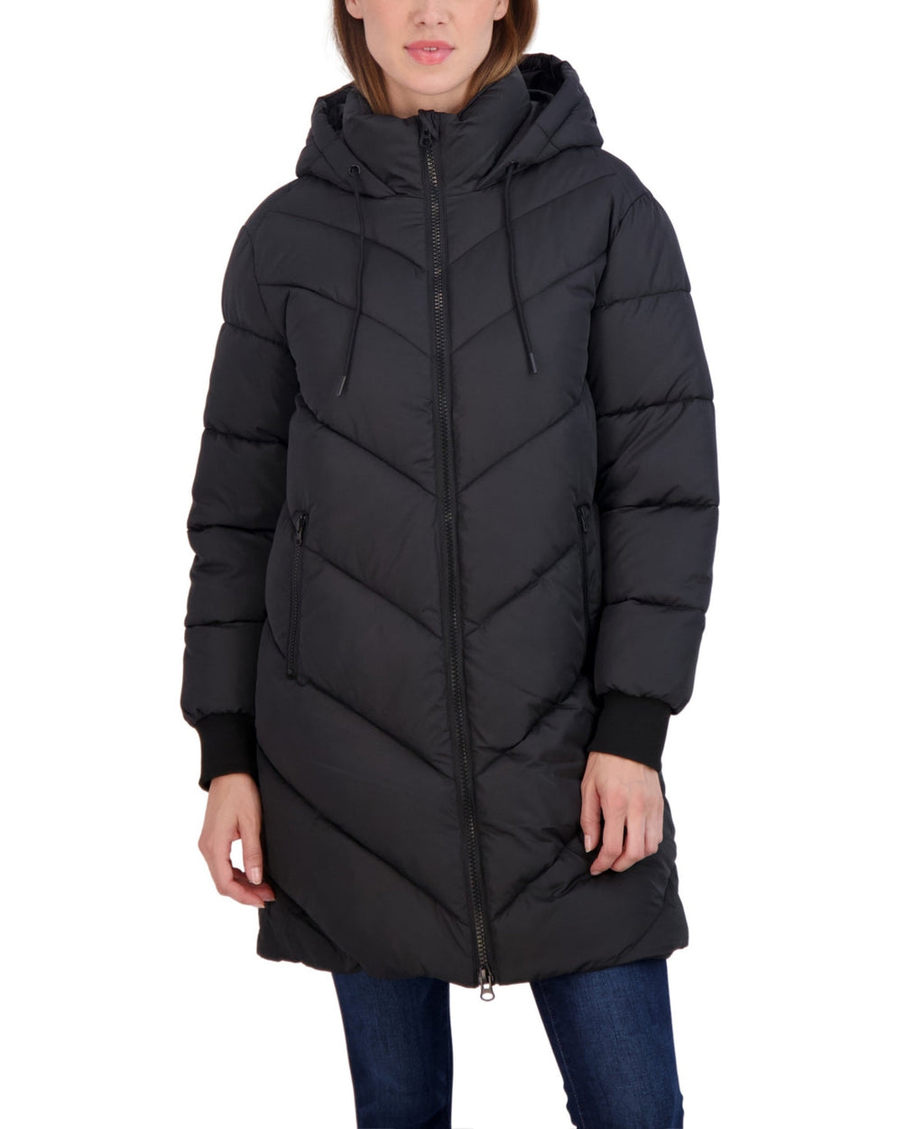 Girls 3/4 puffer jacket with hood, black, front zip and quilted baffles