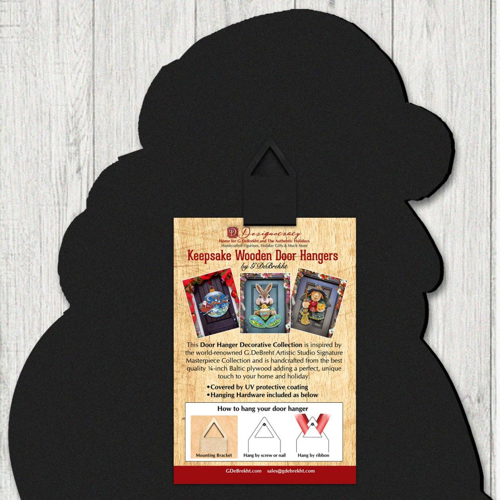 Black stocking-shaped backing card with printed Keepsake wooden door hangers information