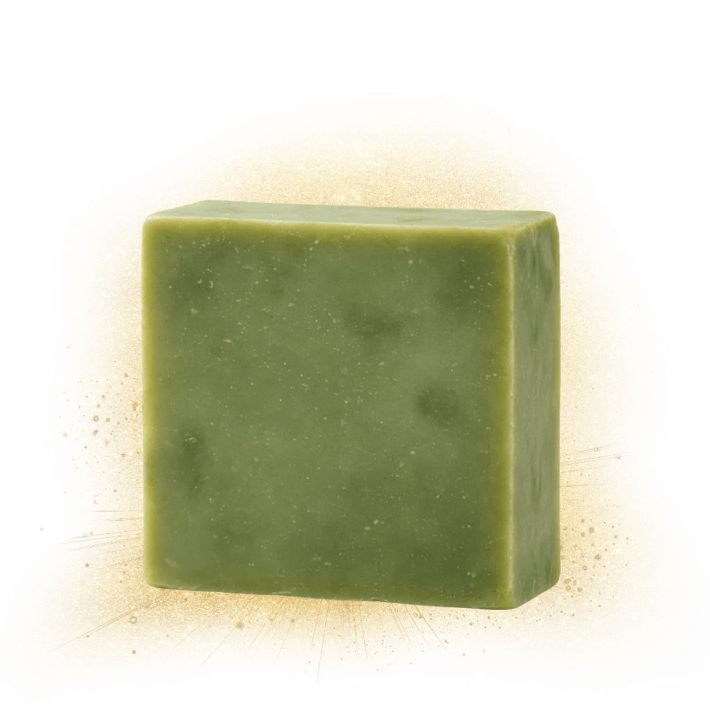 Close-up green shampoo bar square block with glossy texture