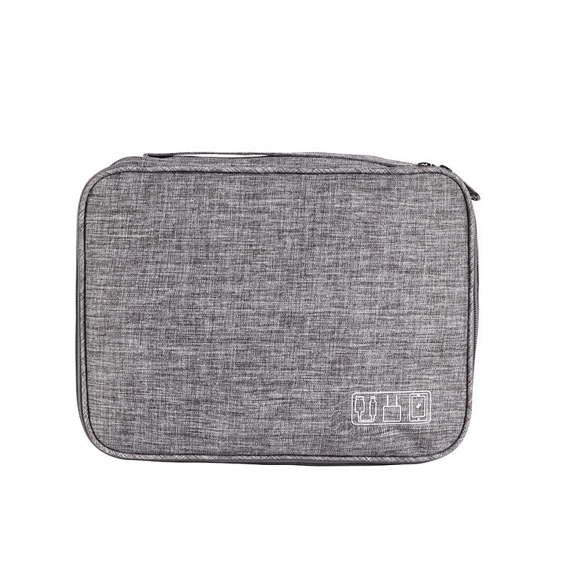 Gray cable organizer bag with zippered top and device icon patch