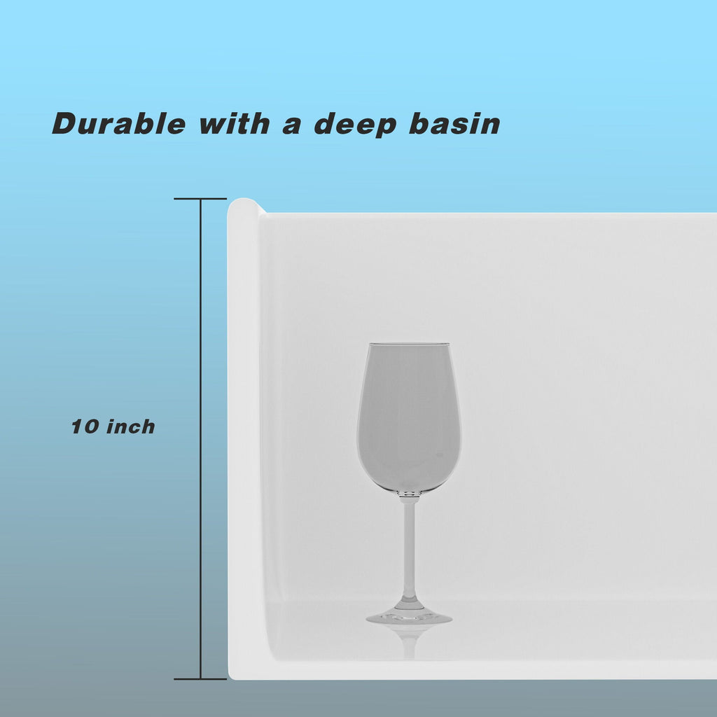 White farmhouse apron-front single-bowl ceramic sink with deep basin and center drain opening