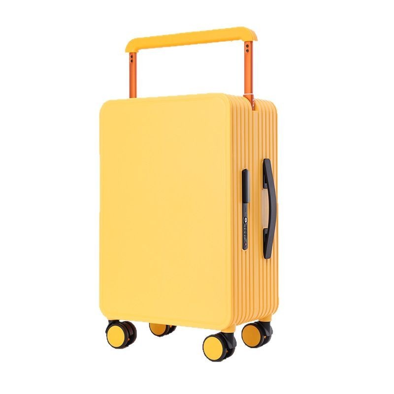Hard-shell carry-on luggage in yellow with telescoping handle and four wheels