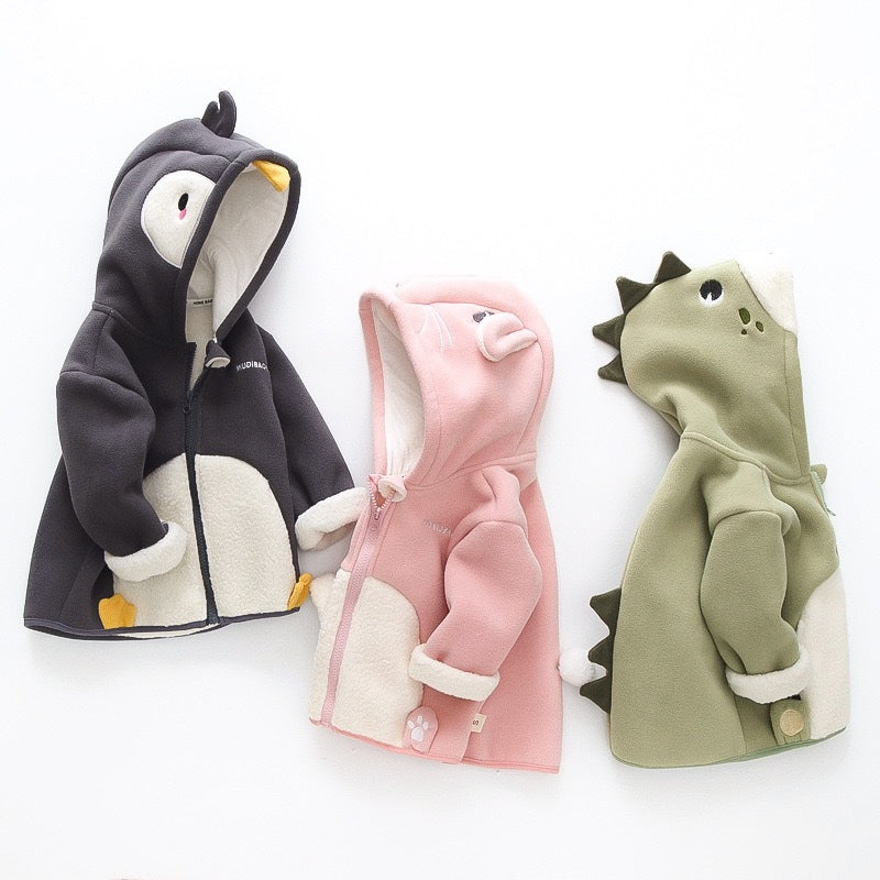 Baby hooded velvet jacket set: dark penguin, pink bunny, green dinosaur
