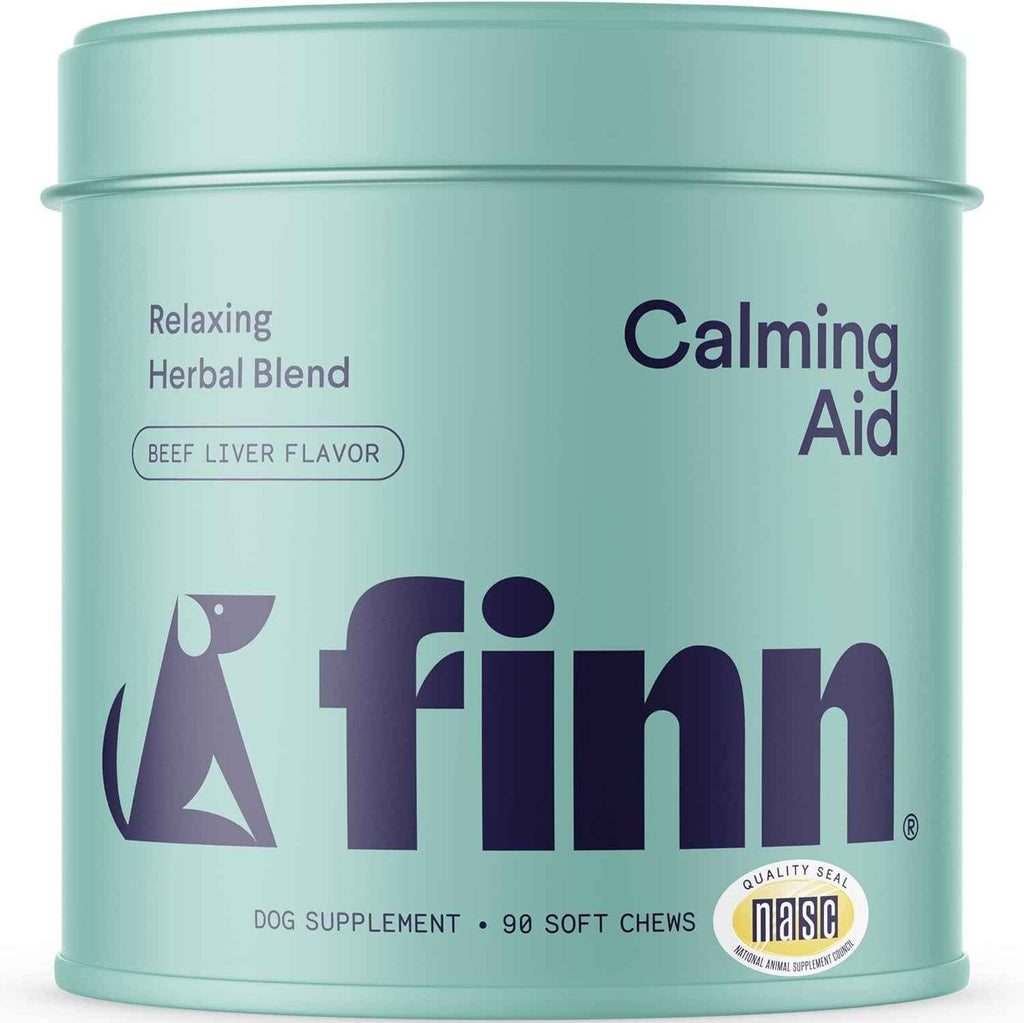Mint Finn calming aid dog supplement tin, beef liver flavor, with 90 soft chews