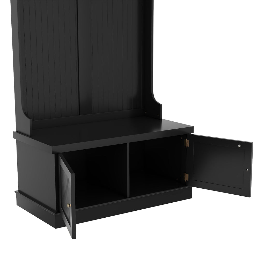 Black hall tree with open shoe bench and side cabinet doors; 4 coat hooks above.