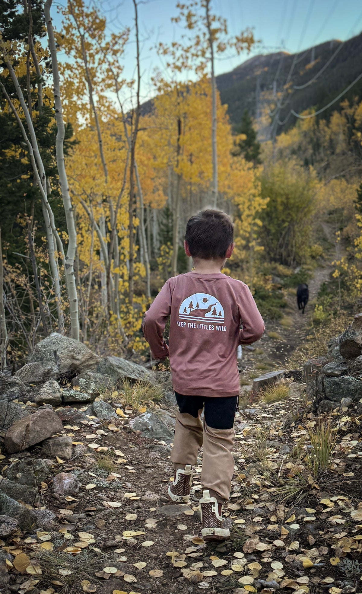 Dusty rose kids bamboo long-sleeve T-shirt with back mountain and tree graphic