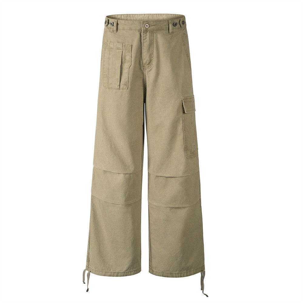 Men's khaki loose straight-leg work pants with patch cargo pockets