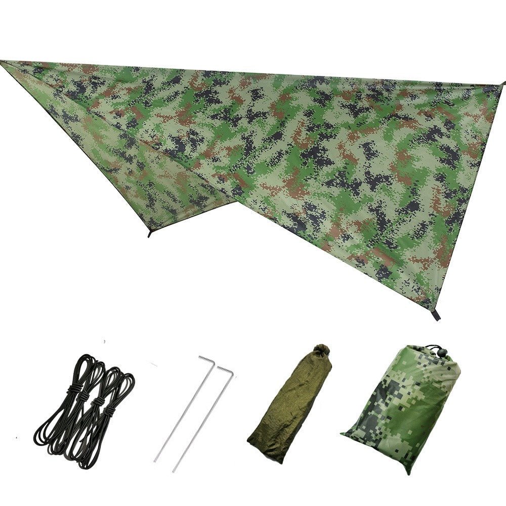 Triangular waterproof canopy shade in camouflage print with ropes, poles, and storage bag