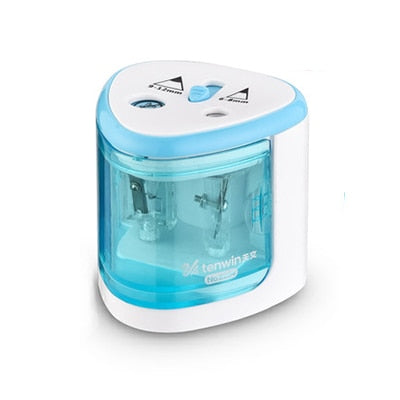 Blue two-hole electric pencil sharpener with clear window and top control panel