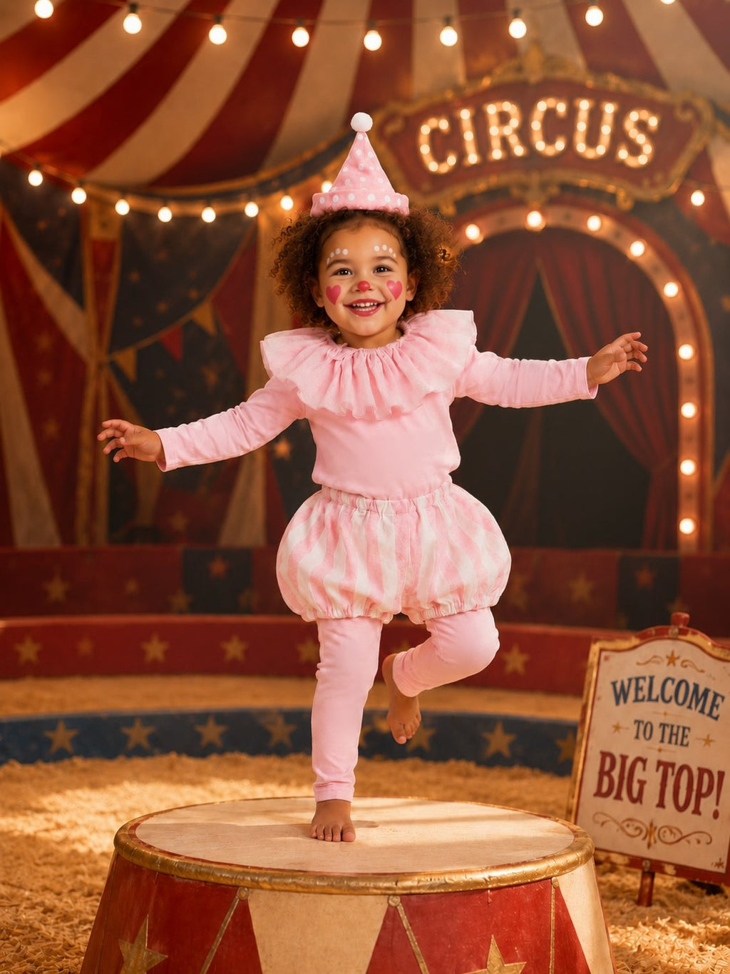 Pink clown costume with tall polka-dot hat, ruffled top, and puffed striped bloomer