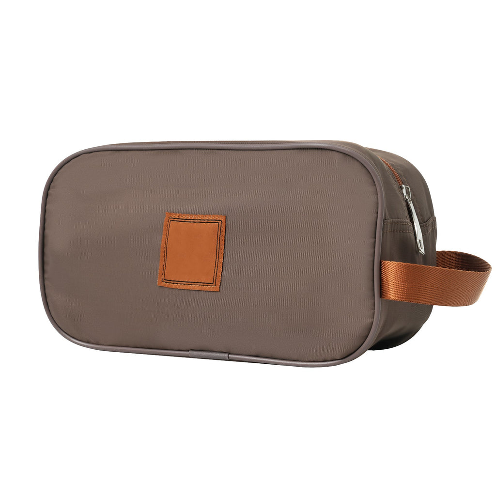 Gray organizer pouch with copper patch, zipper opening, and carry strap