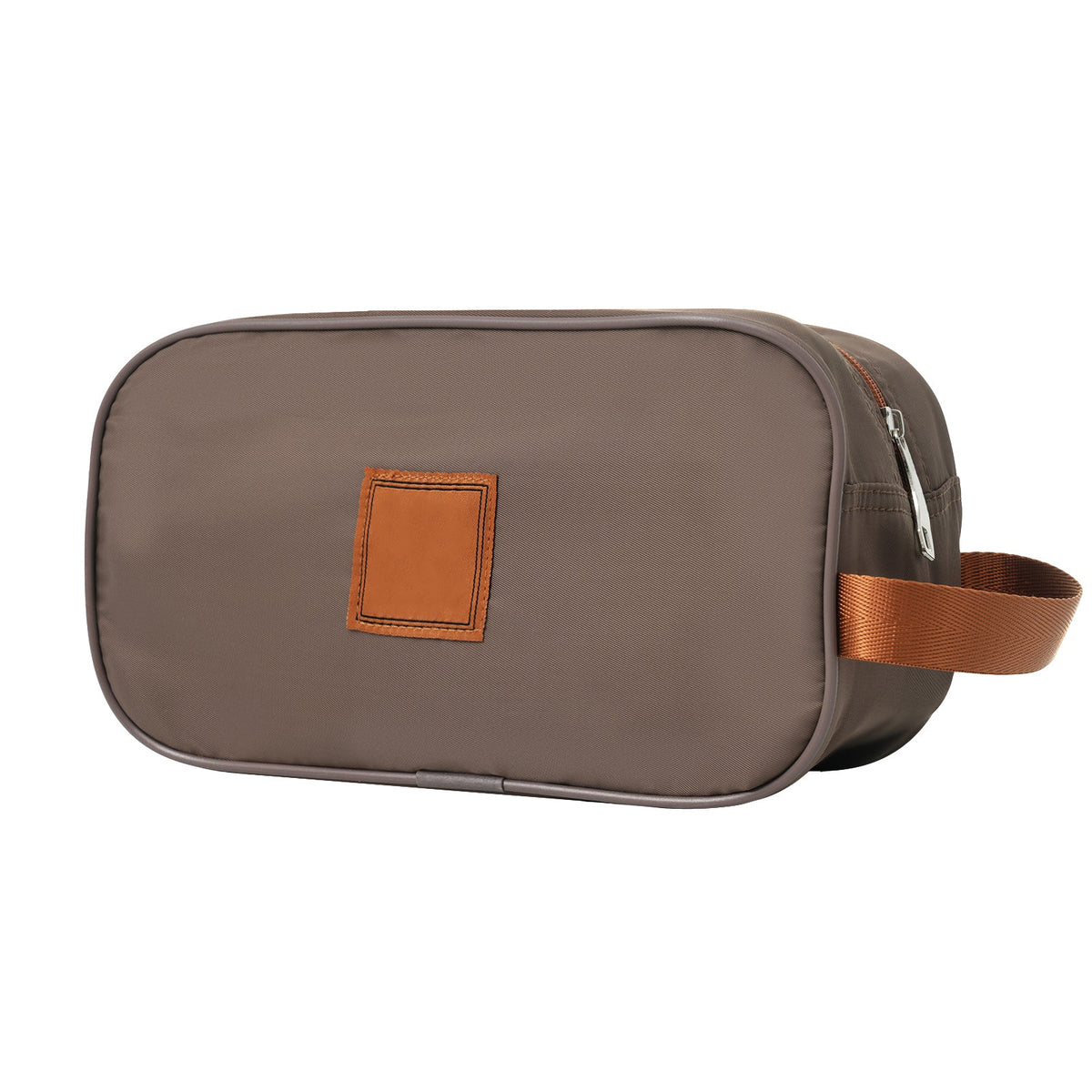 Gray organizer pouch with copper patch, zipper opening, and carry strap