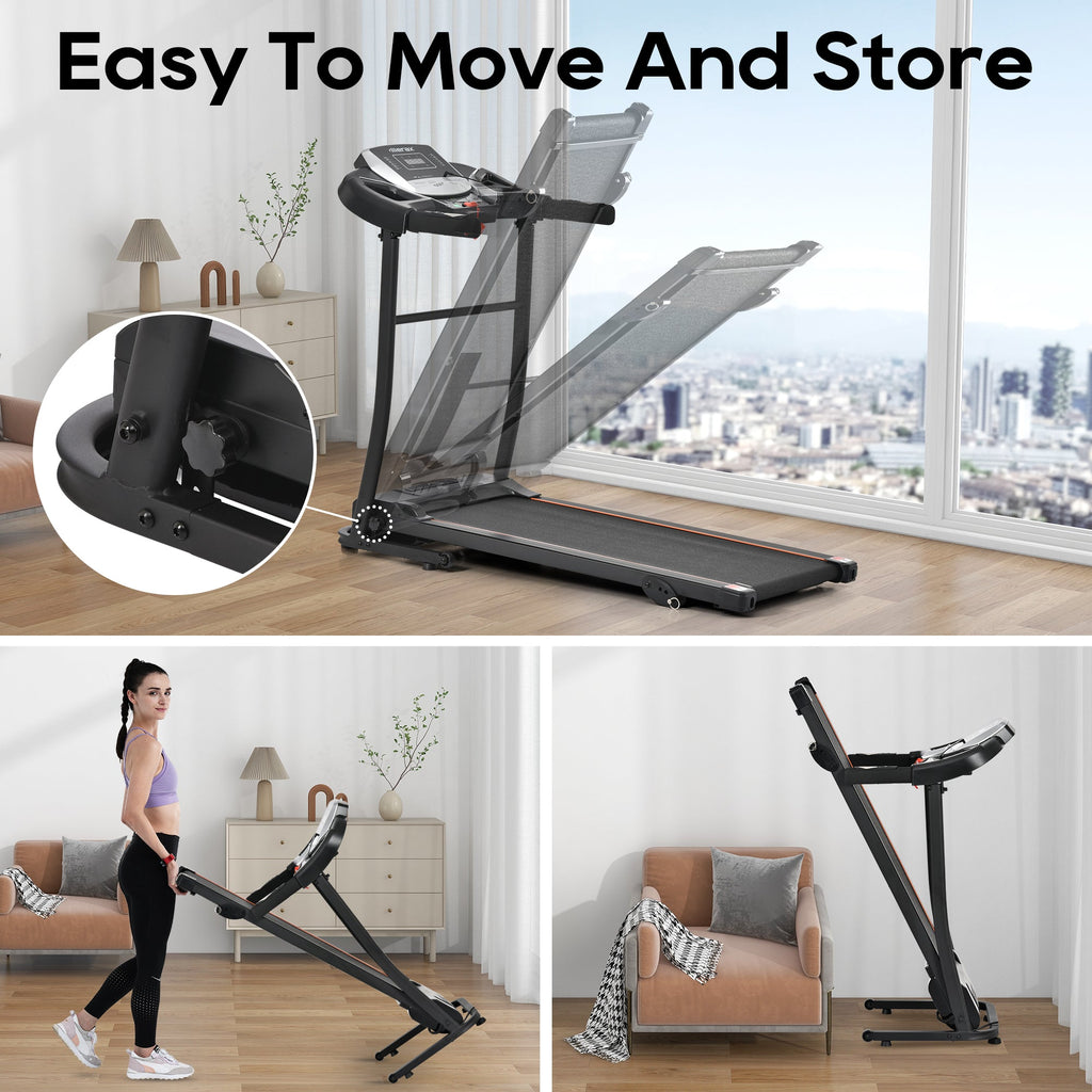 Folding treadmill shown extended and folded for easy storage, with black console.