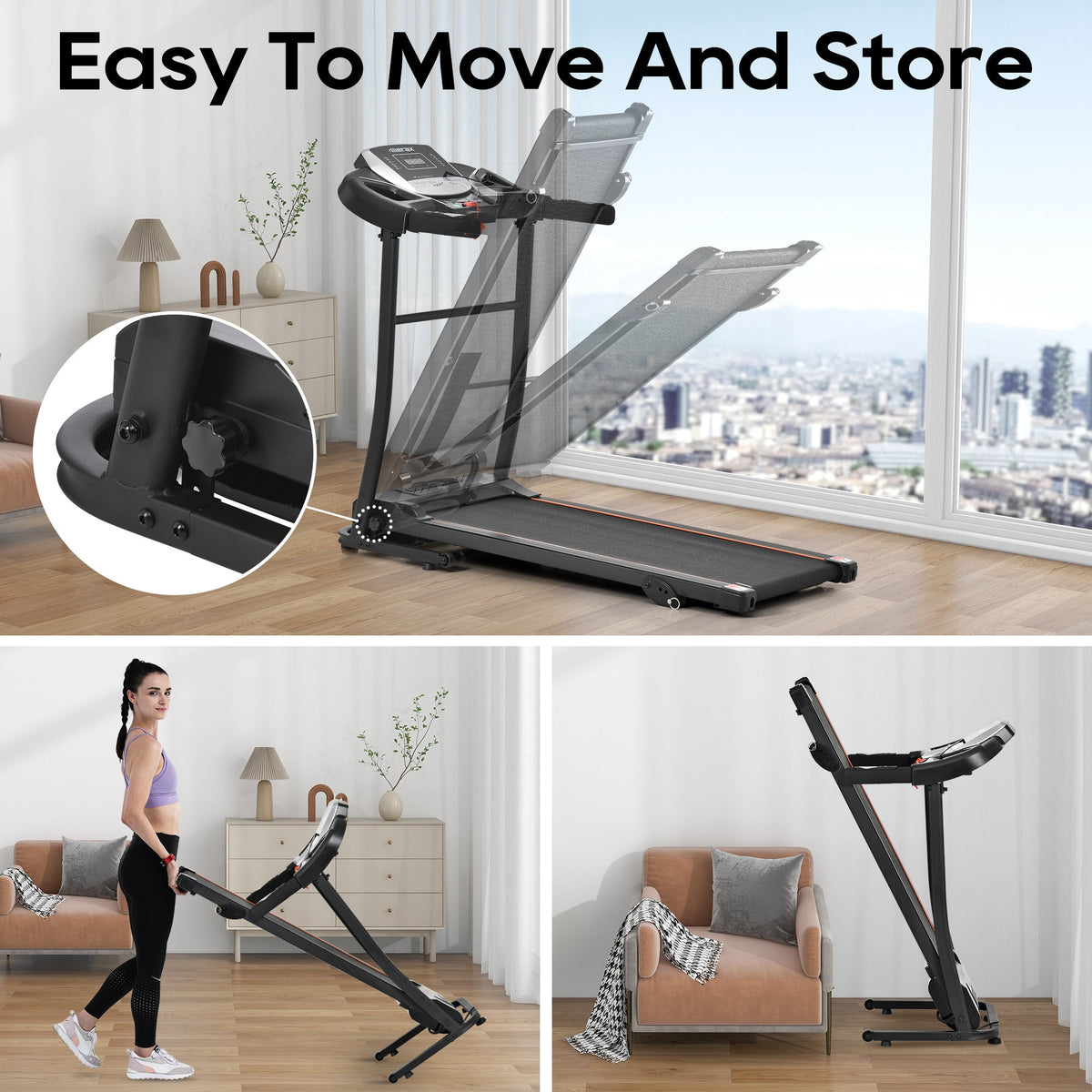 Folding treadmill shown extended and folded for easy storage, with black console.