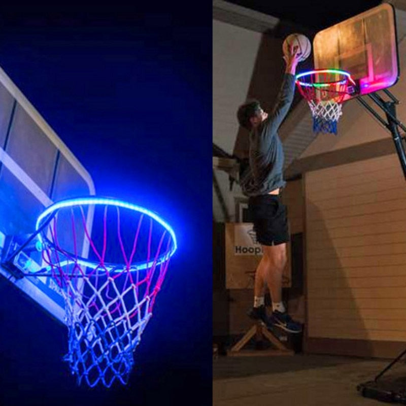 Blue glowing LED hoop rim light strip around basketball net