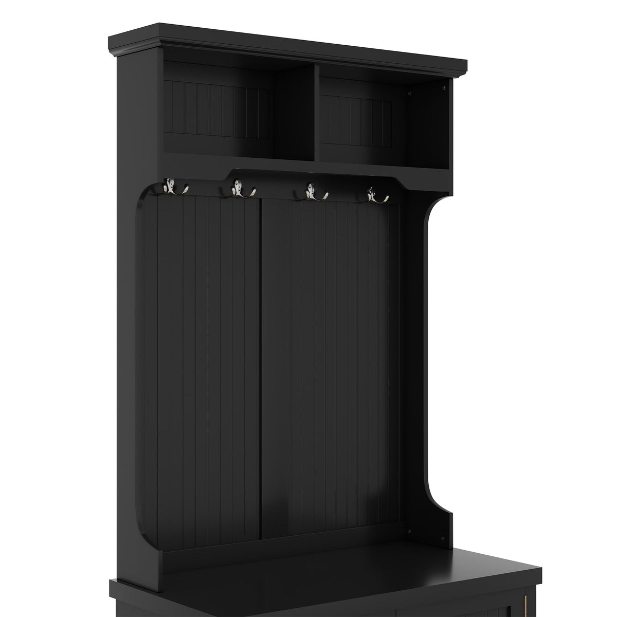 Black hall tree front view with 4 metal coat hooks and upper storage compartment.