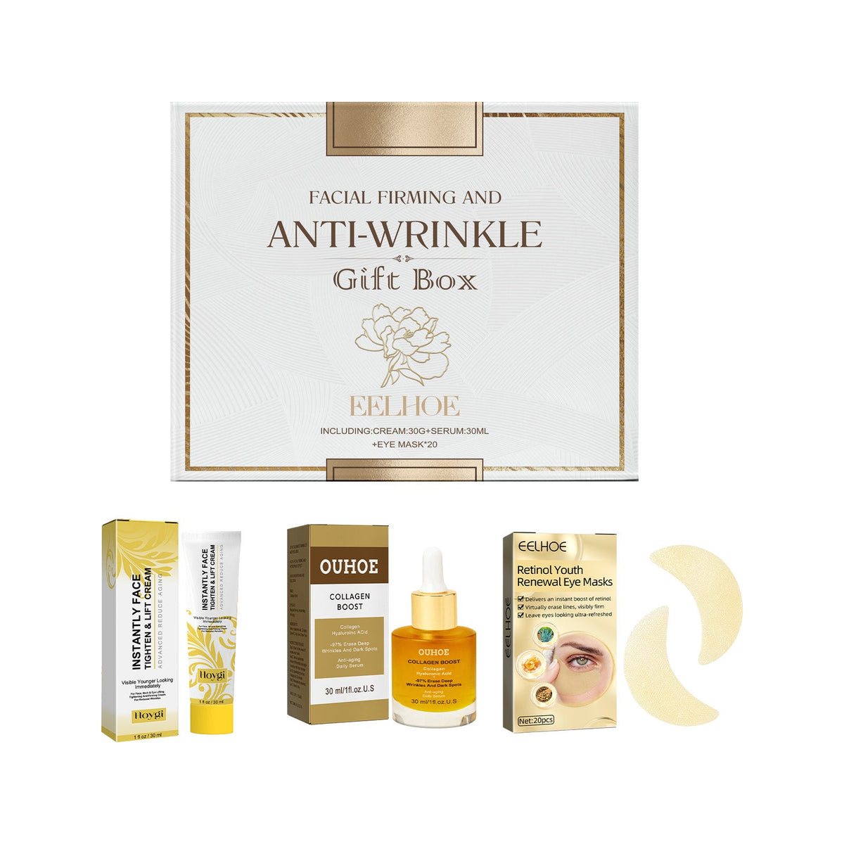 Facial anti-wrinkle gift set with cream tube, serum bottle, and eye mask sachets
