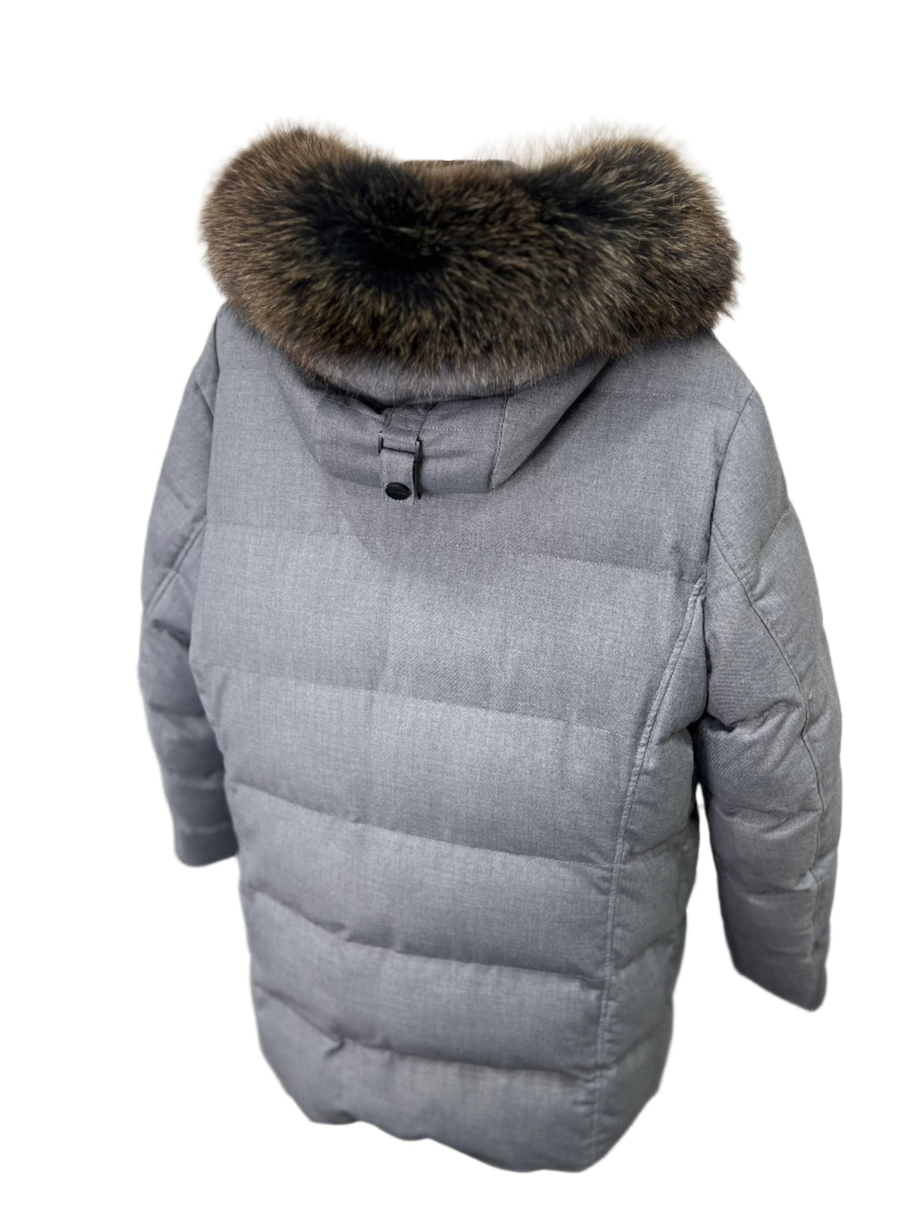 Men's grey puffer coat with dark fur-trim hood and quilted back
