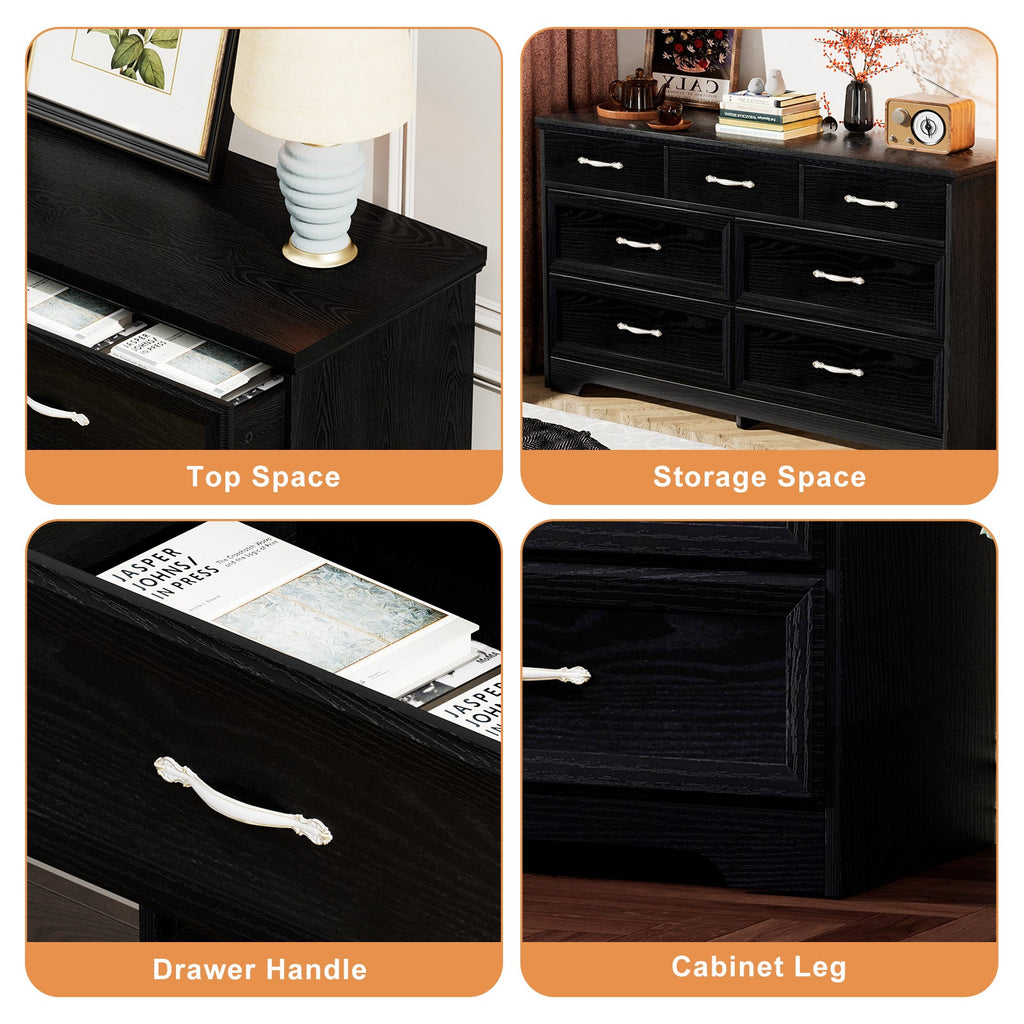 Black dresser details: drawer handle, cabinet legs, and top storage surface
