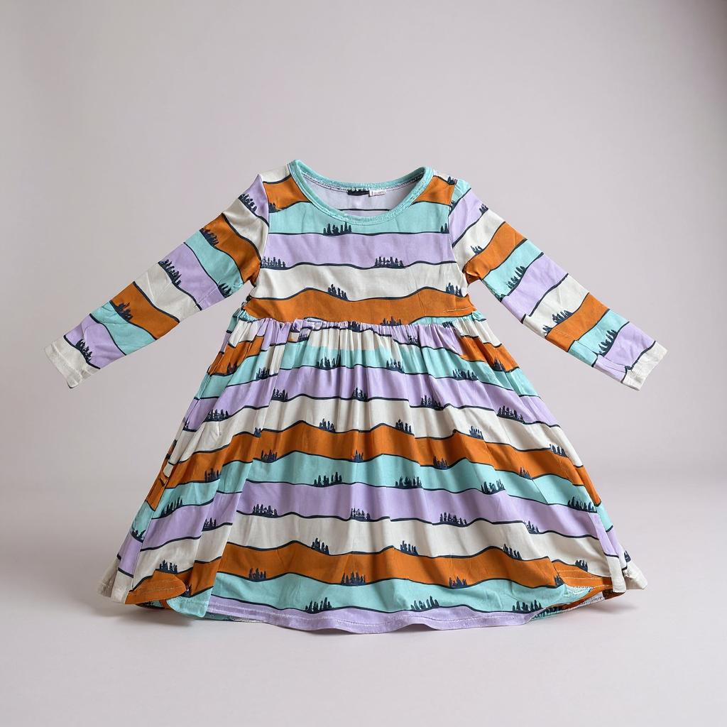 Girls striped long-sleeve twirl dress in turquoise, orange, and lavender with gathered skirt