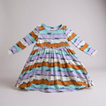 Girls striped long-sleeve twirl dress in turquoise, orange, and lavender with gathered skirt