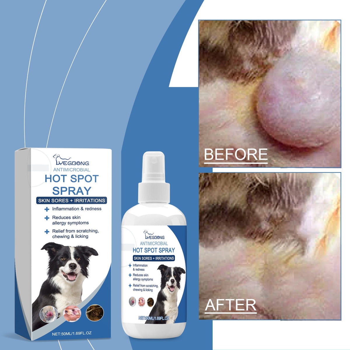 Pet hot spot spray bottle and box with before-and-after skin comparison panels.