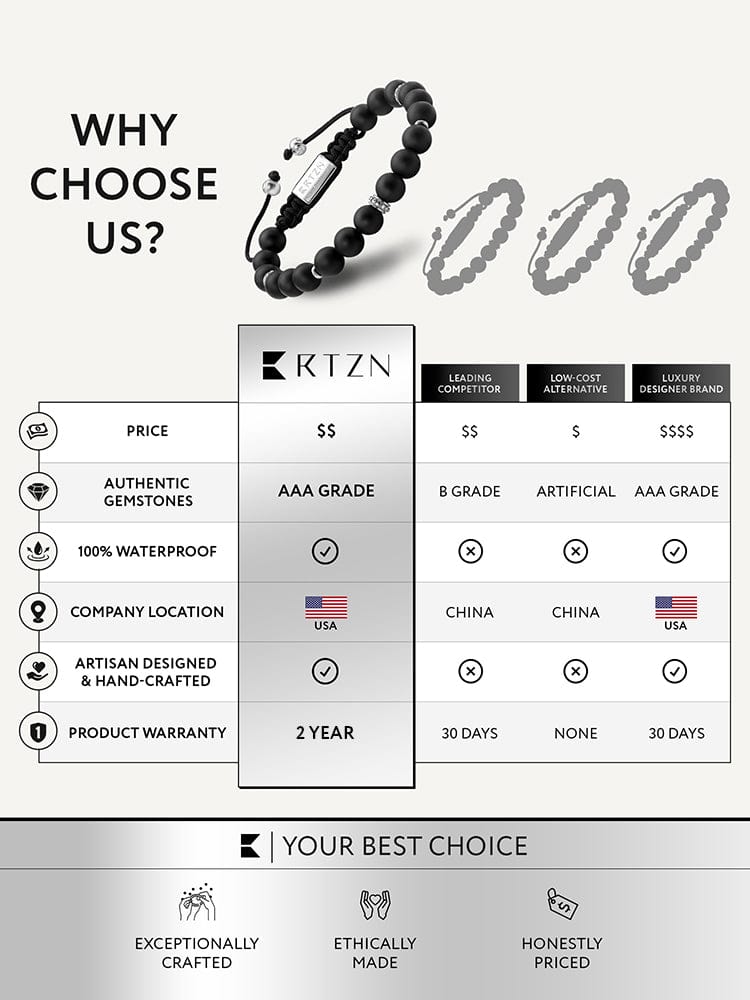 Black beaded bracelet with cord ends and rectangular metal charm, close-up product view