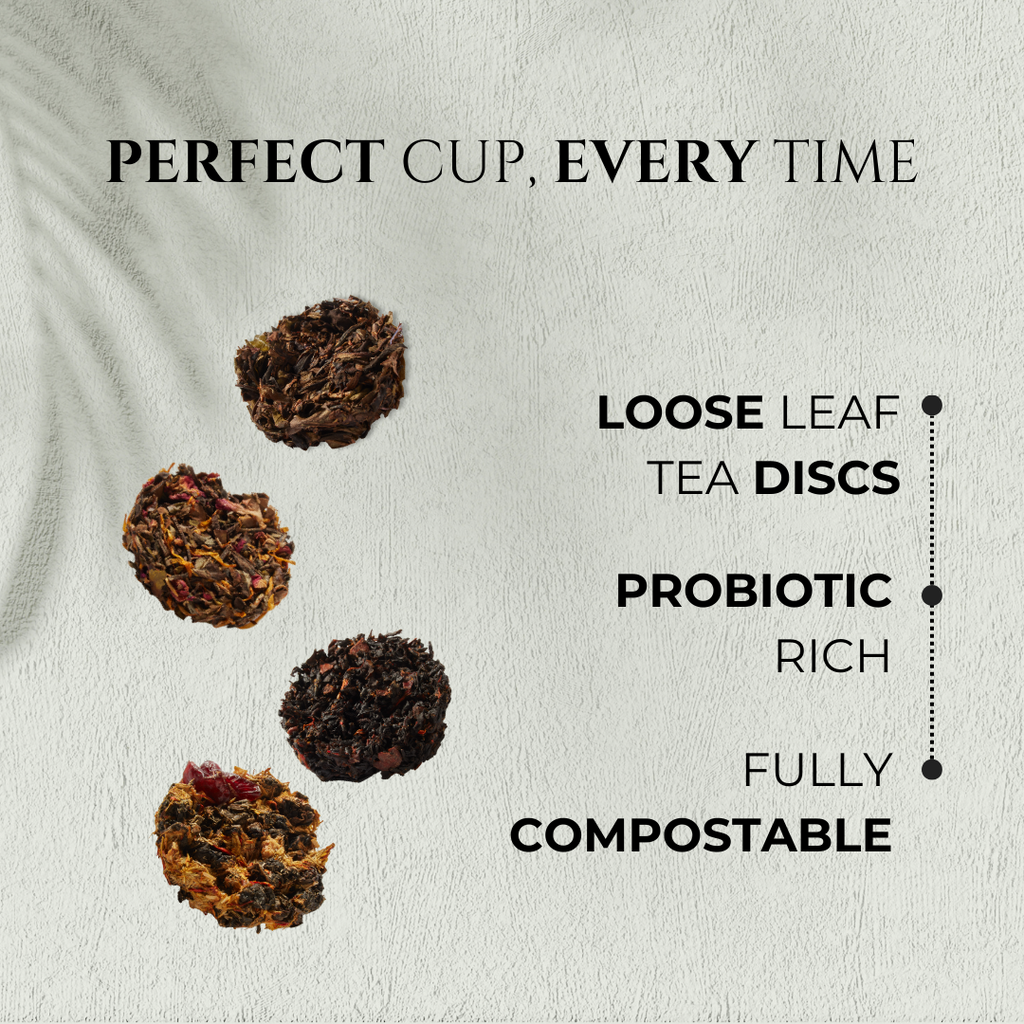 Loose leaf tea discs in four flavors, shown as compact rounds