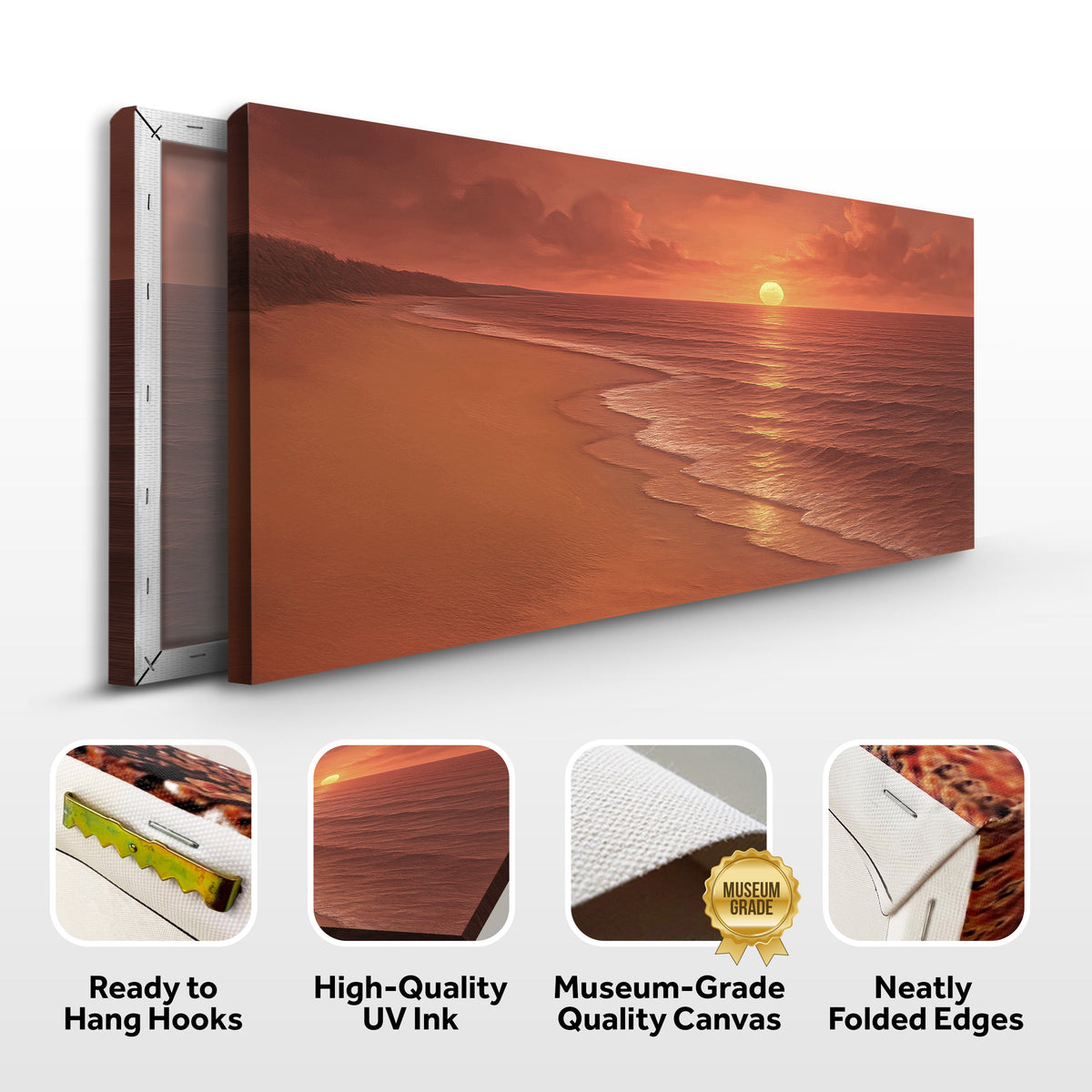 Framed beach sunset canvas mockup with hanging hooks, UV ink, and folded-edge features