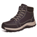 Dark brown men's ankle winter snow boots, lace-up with padded collar and rugged tread sole
