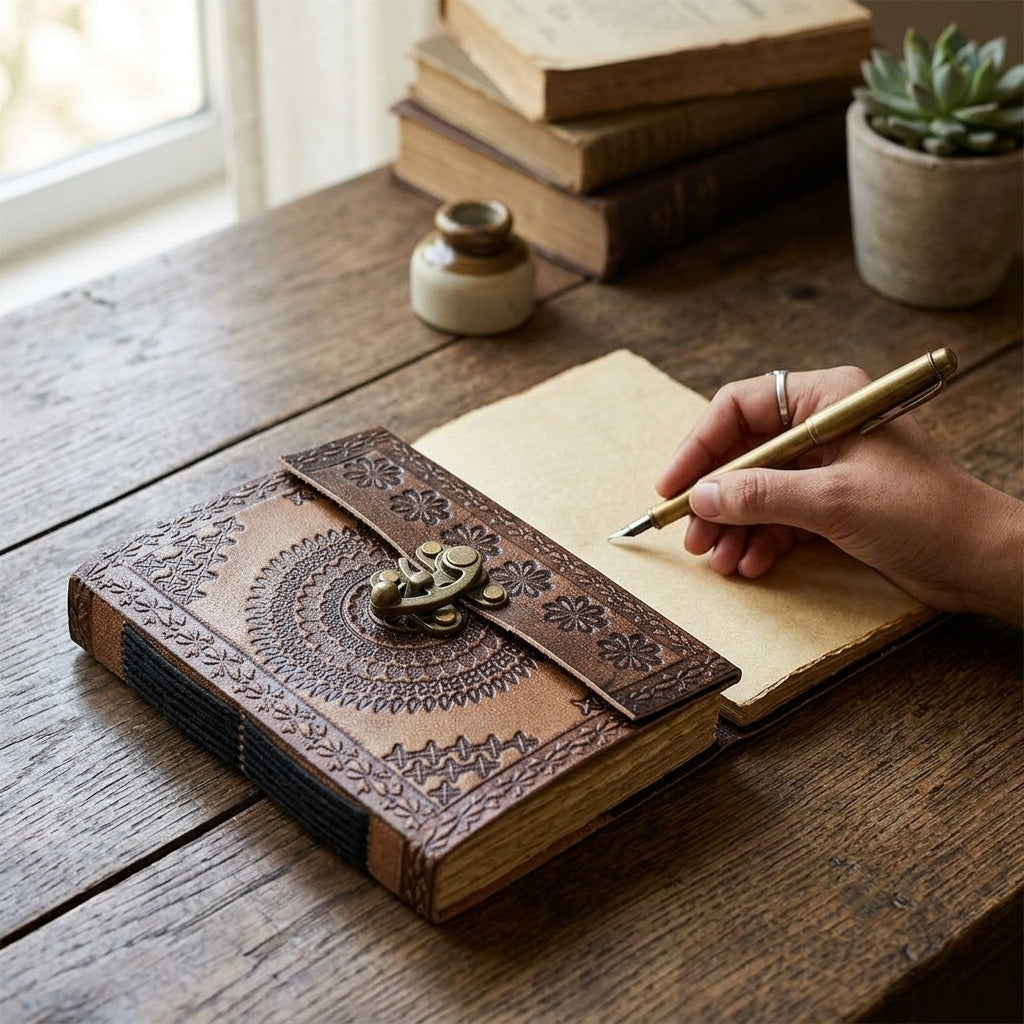 Brown leather lock journal on a wooden table as someone writes with a pen