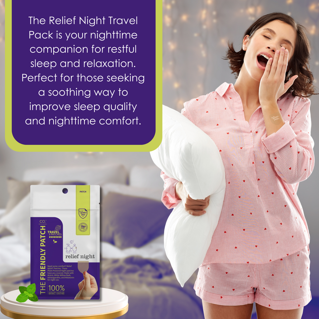 Relief night travel patch pouch with patch shown on arm beside smiling sleeper