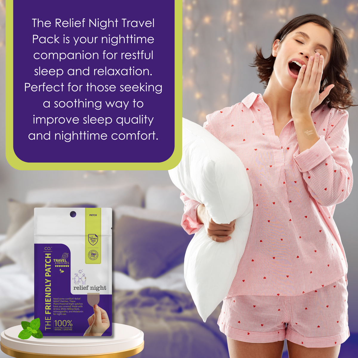 Relief night travel patch pouch with patch shown on arm beside smiling sleeper