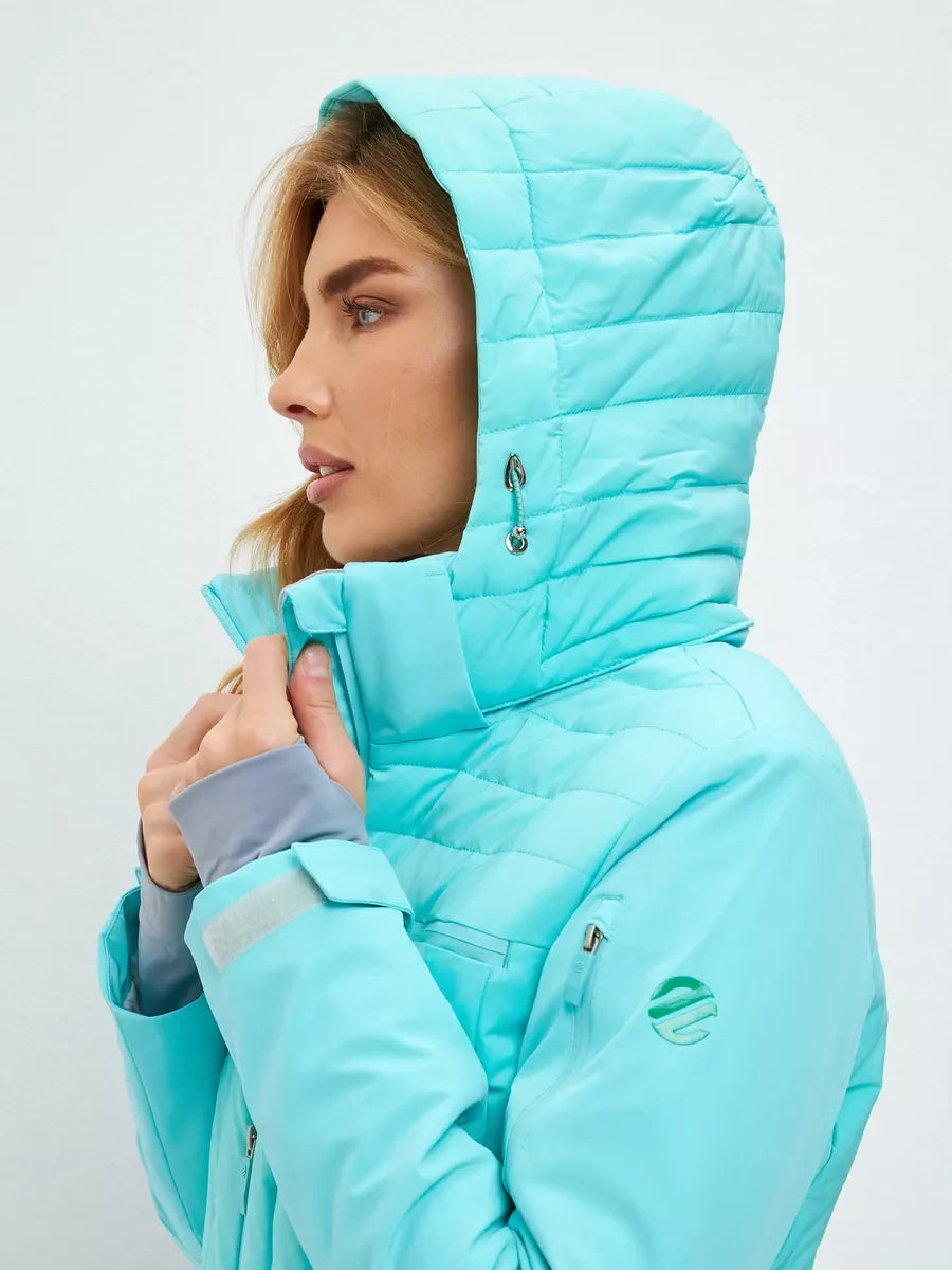 Mint insulated ski hood close-up with zipper pull and adjustable drawcord.