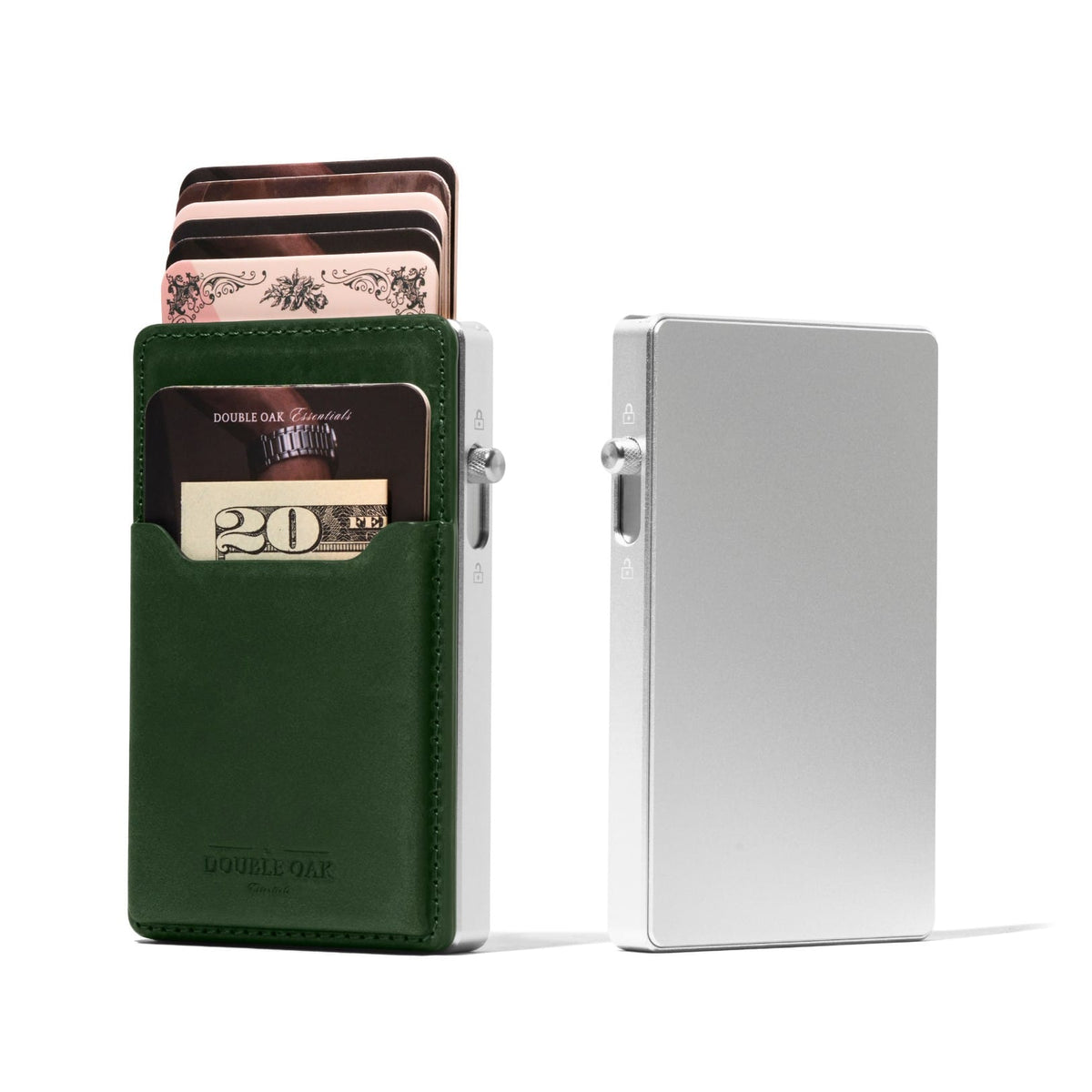 Mod wallet with green leather cardholder and silver aluminum cash compartment