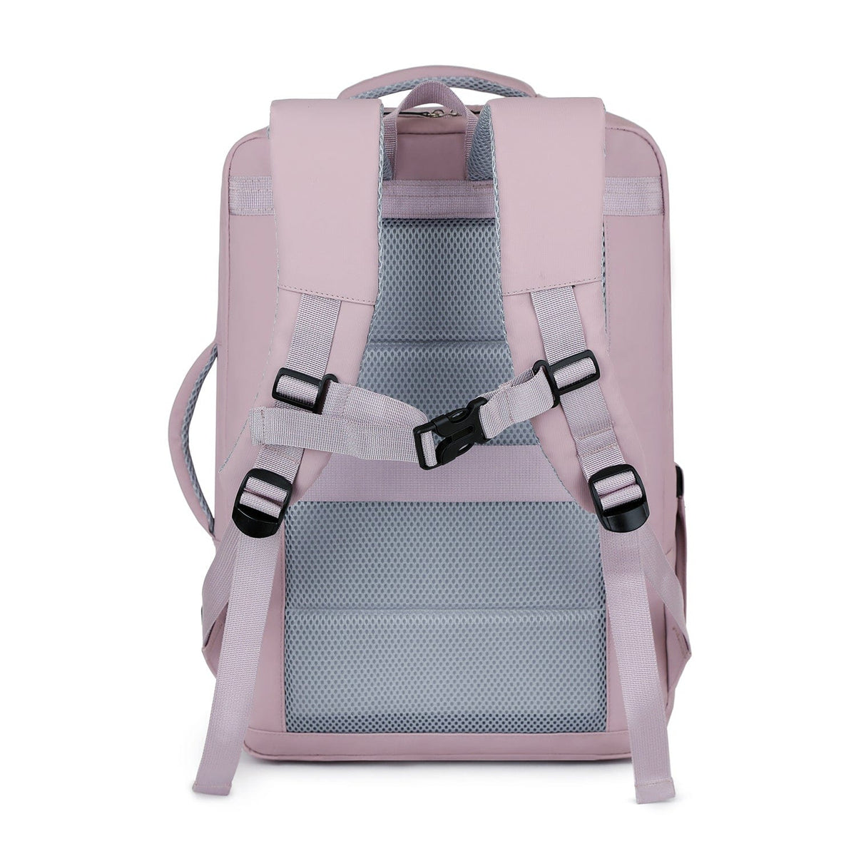 Purple travel backpack with padded back panel and adjustable shoulder straps