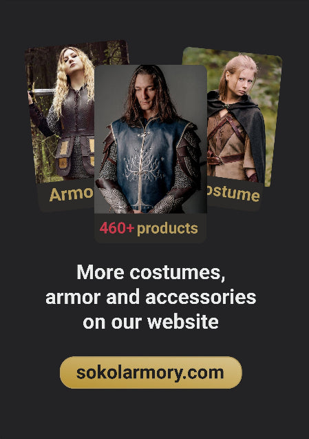 Aragorn king costume catalog banner with three character armor photos and site link
