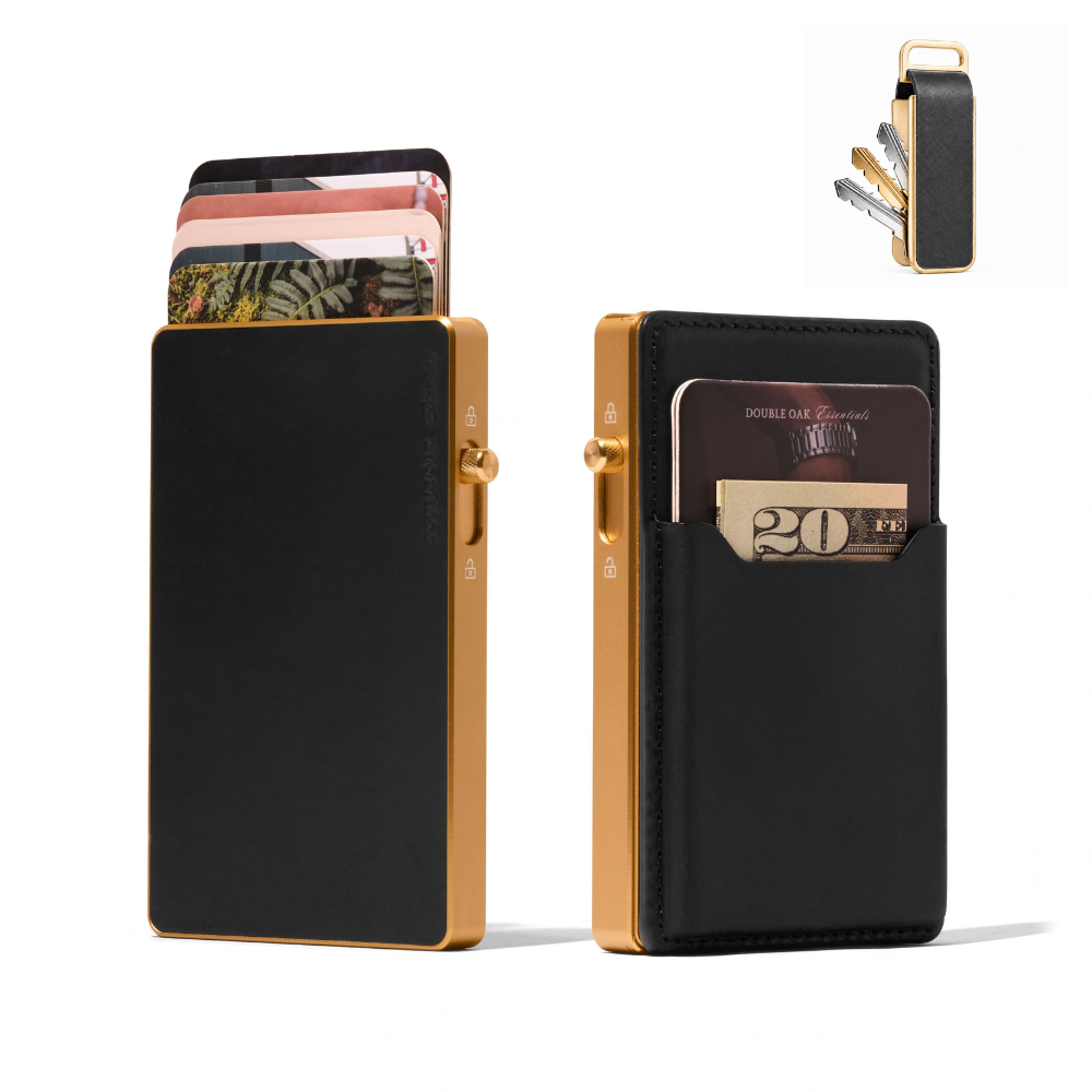 Black leather card wallet with card slots and key organizer attachment; shows front and back.