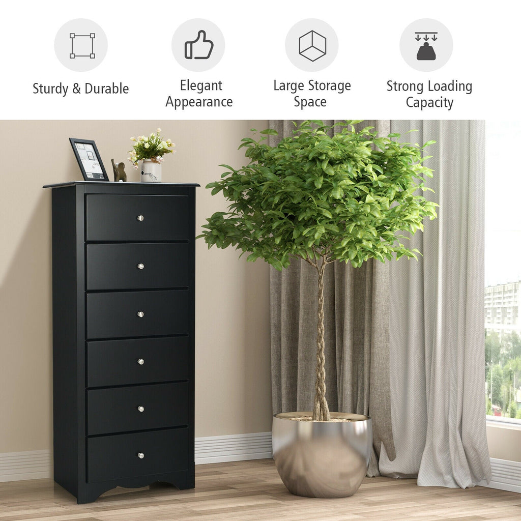 Black 6-drawer chest dresser with stacked drawers and round metal knobs.