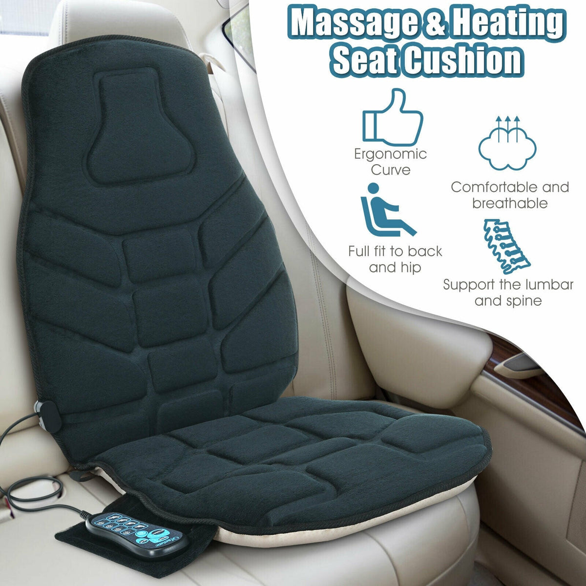 Ergonomic seat cushion massager with heat, glowing massage zones, on a car seat.