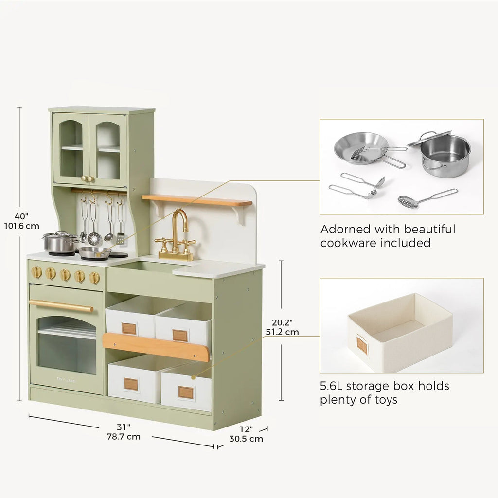 Sage green wooden play kitchen dimensions view with included toy cookware