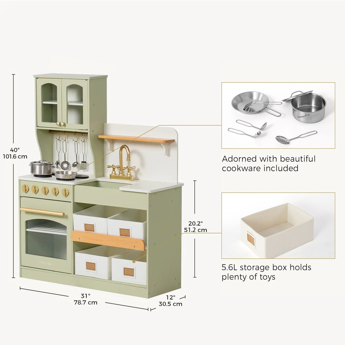 Sage green wooden play kitchen dimensions view with included toy cookware