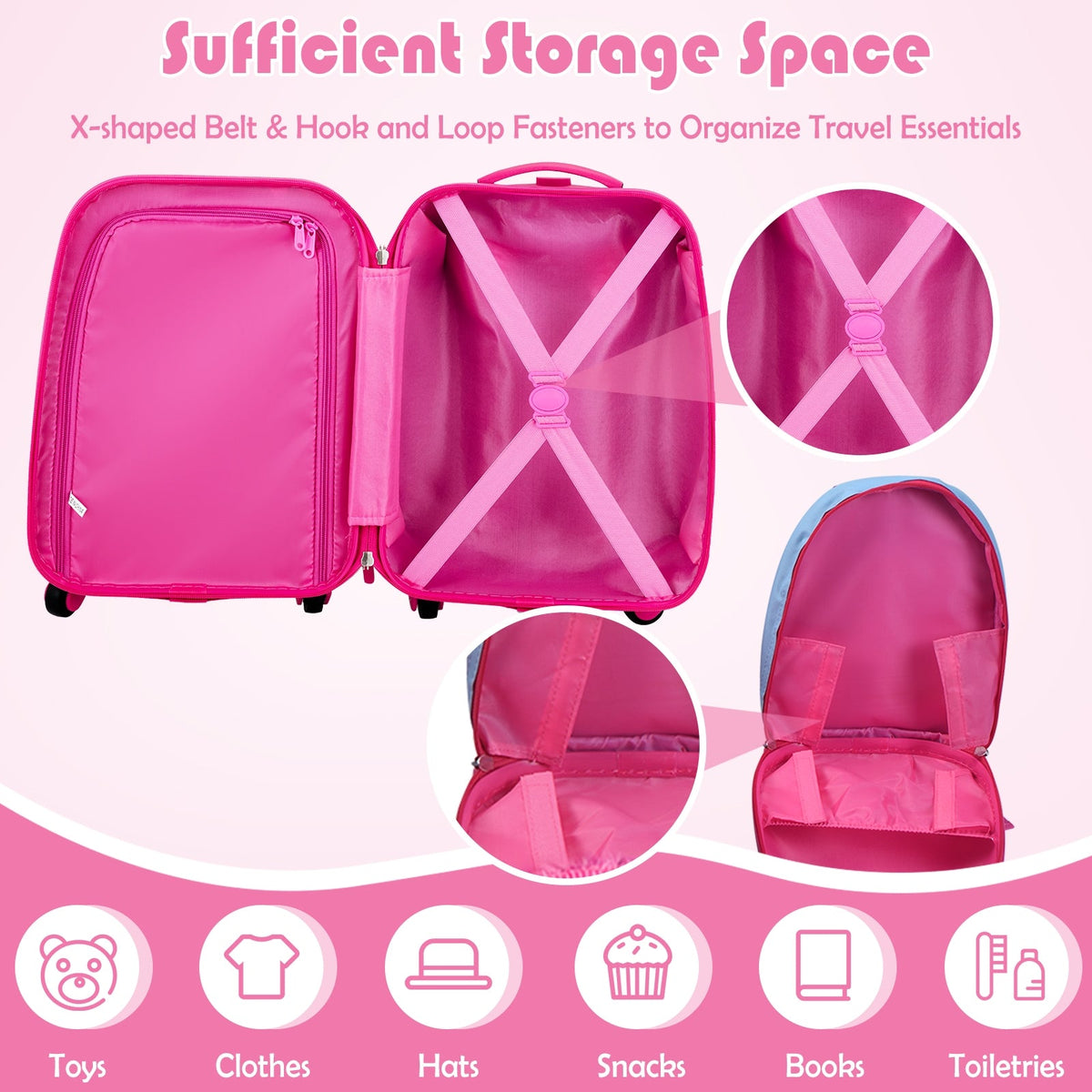 Open kids suitcase with pink interior compartments and straps for organizing travel items