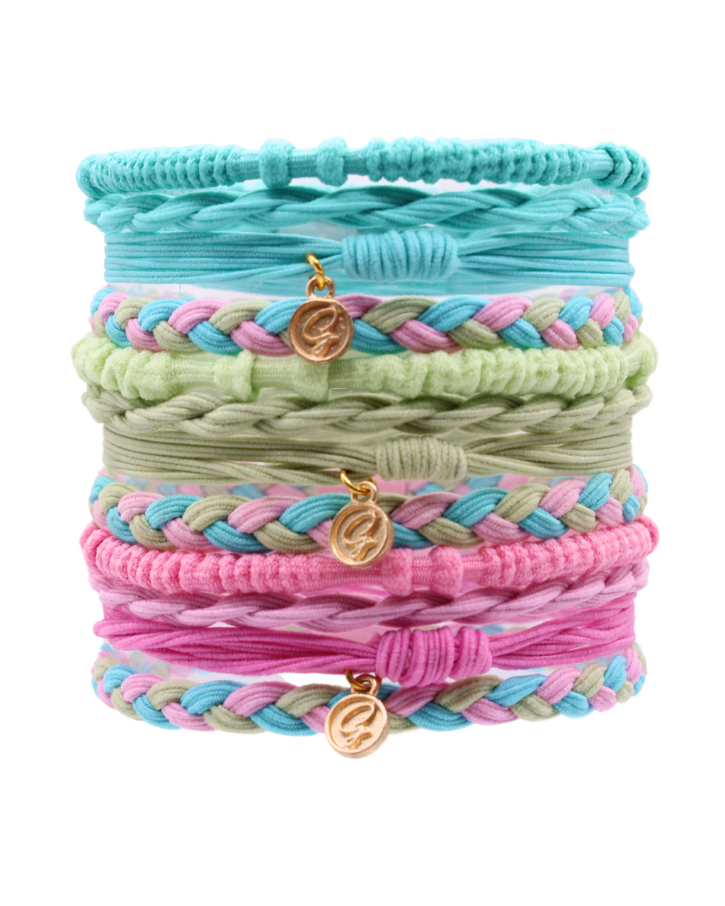 Stacked braided hair tie bracelets in teal, mint, pink, and green with gold charms